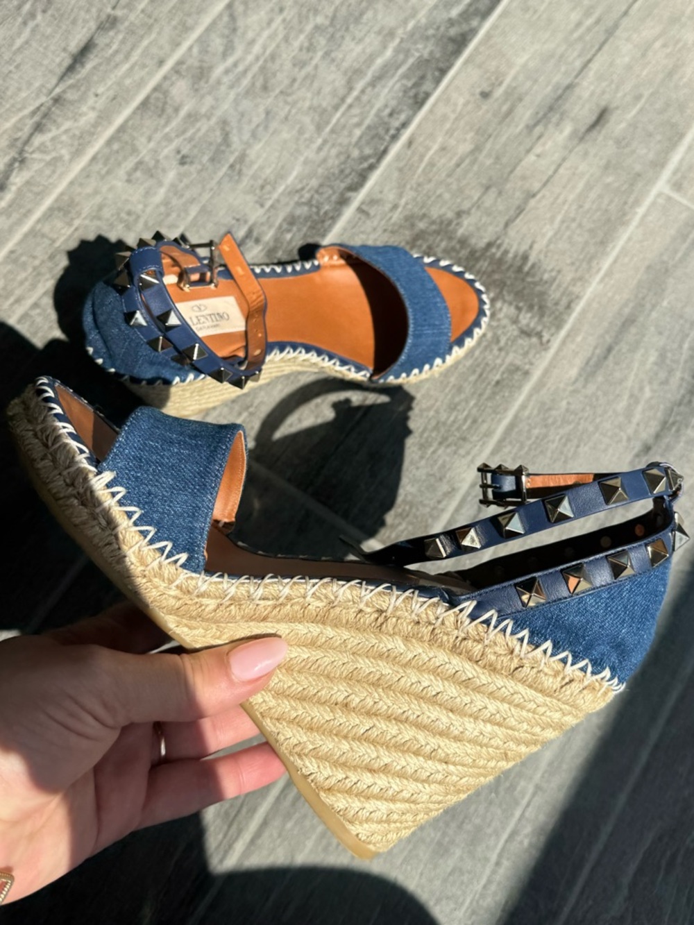 Valentino Garavani Denim Espadrille Wedge Sandals with Blue Studded Straps